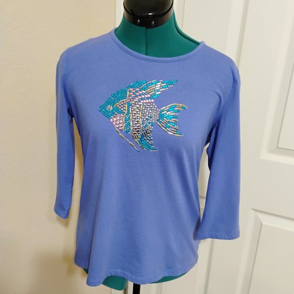 Coral Bay Blue Rhinestone Angelfish 3/4 Sleeve Tee Small